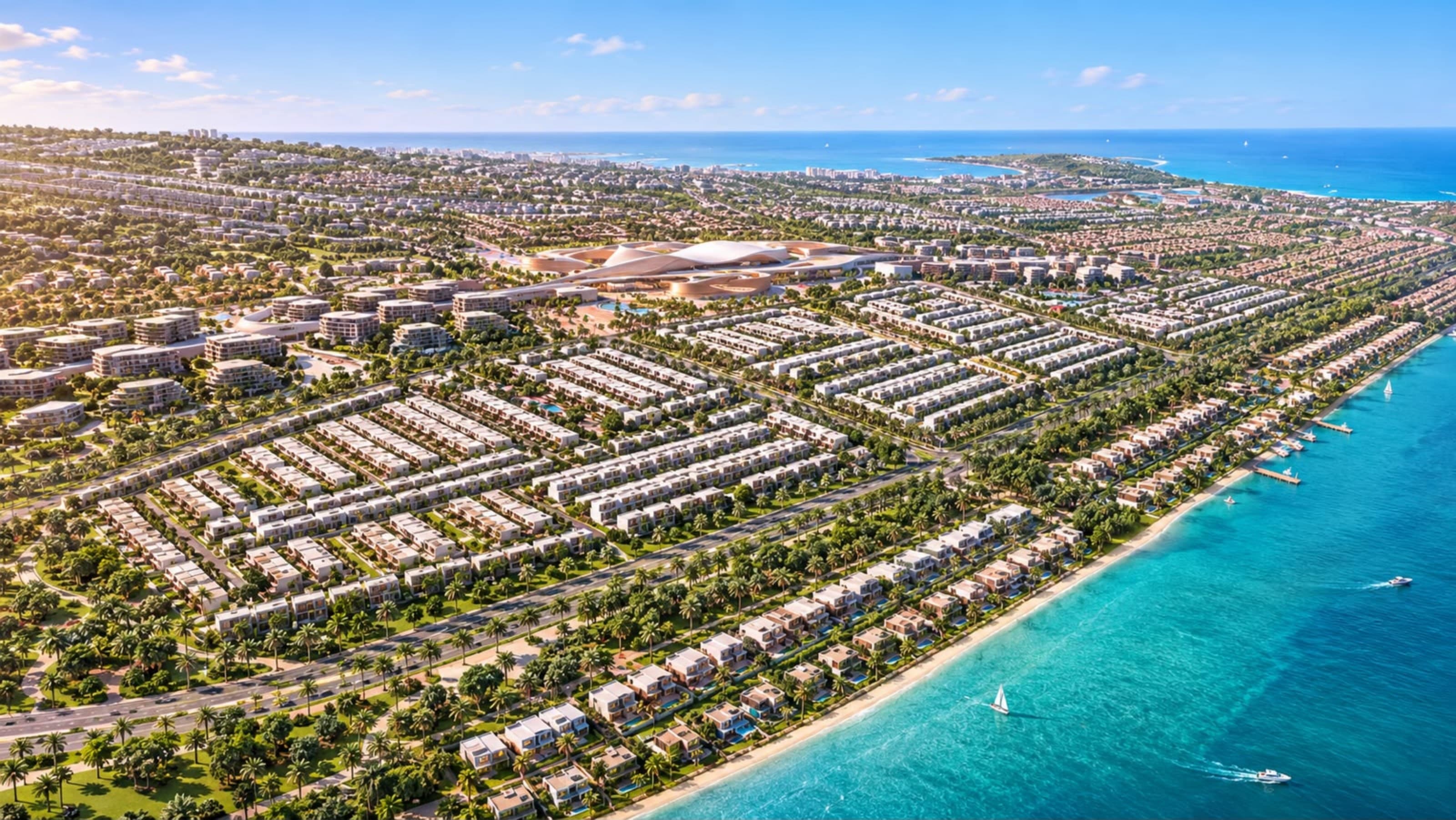 Aerial view of Wadeem Gardens villas along the Hudayriyat Island coastline
